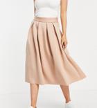 Asos Design Petite Midi Prom Scuba Skirt In Tan-brown