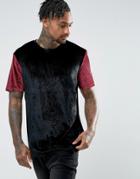 Asos Longline T-shirt In Embossed Floral Velvet With Contrast Sleeves - Black