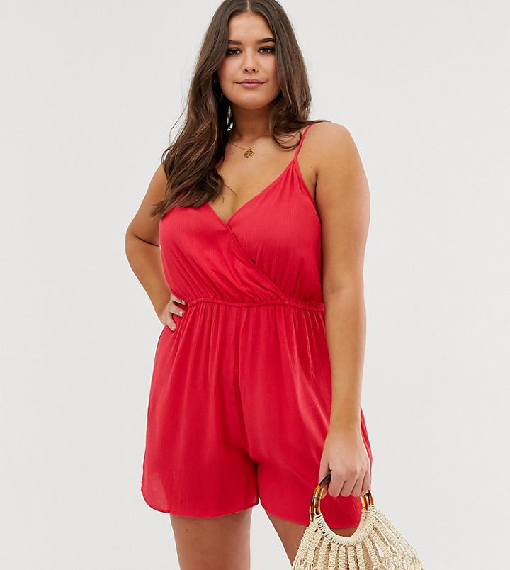 Asos Design Curve Wrap Tie Front Romper In Crinkle-red
