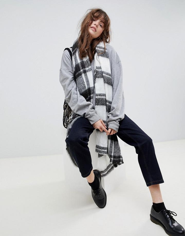 Asos Design Long Oversized Brushed Check Scarf In Mono - Multi