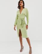 Asos Design Midi Dress With Batwing Sleeve And Wrap Waist In Satin - Green