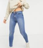 Asos Design Petite High Rise 'lift And Contour' Skinny Jeans In Midwash-blues