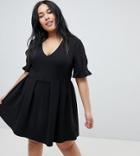 Asos Design Curve Mini V Neck Smock Dress With Frill Cuff - Black