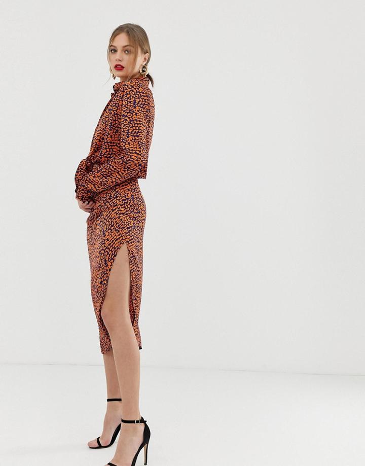 John Zack Midi Skirt With Side Split In Contrast Print - Multi