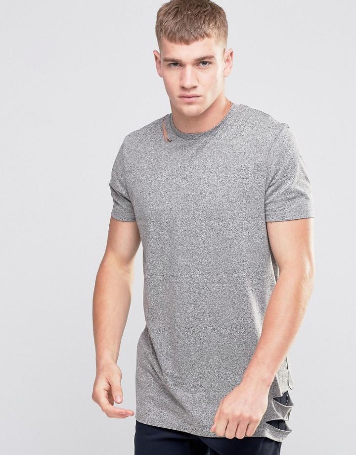 Asos Longline T-shirt With Ripped Hem And Slashed Neck - Gray