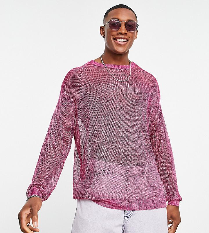 Asos Design Knit Long Sleeve Metallic Mesh Sweater In Pink