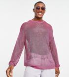 Asos Design Knit Long Sleeve Metallic Mesh Sweater In Pink