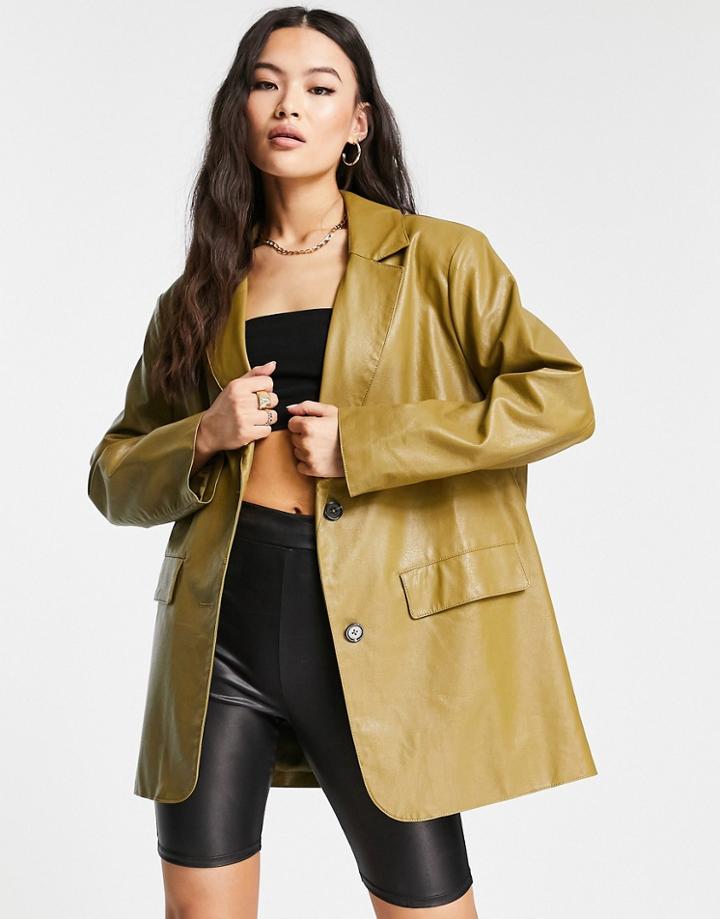 Asos Design Leather Look Suit Blazer In Green