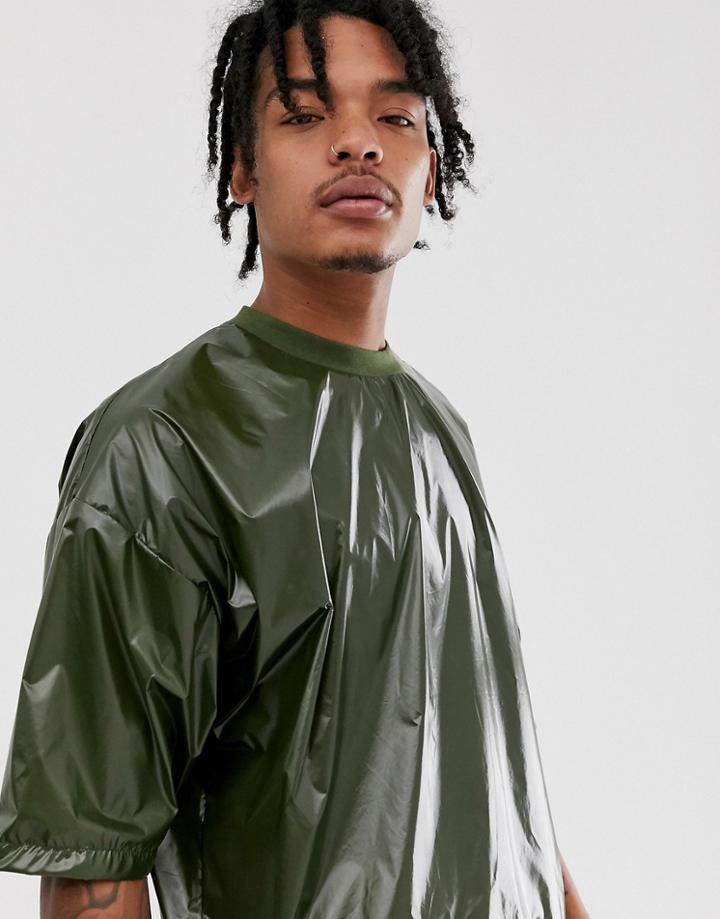 Asos Design Oversized T-shirt With Half Sleeve In Wetlook Fabric With Bungee Cord-green