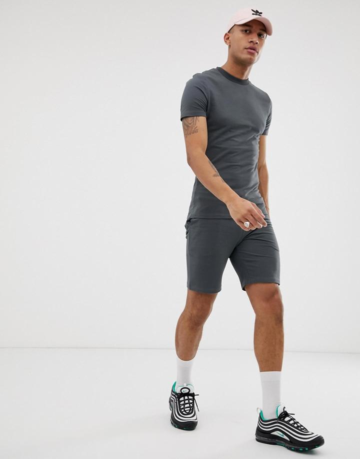 Asos Design Tracksuit Short Sleeve Muscle Sweatshirt / Skinny Shorts In Washed Black - Black