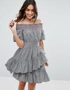 Asos Shirred Off Shoulder Gingham Prairie Dress - Multi
