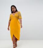 Virgos Lounge Plus Julisa Embellished Wrap Midi Dress In Mustard - Yellow