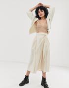 Asos Design Wrap Midi Skirt With Tie Side And Pockets-beige