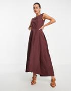 Closet London High Low Woven Midaxi Dress In Chocolate Brown