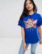 Asos T-shirt With Ruffle Sleeve And Mix And Match Motif - Blue