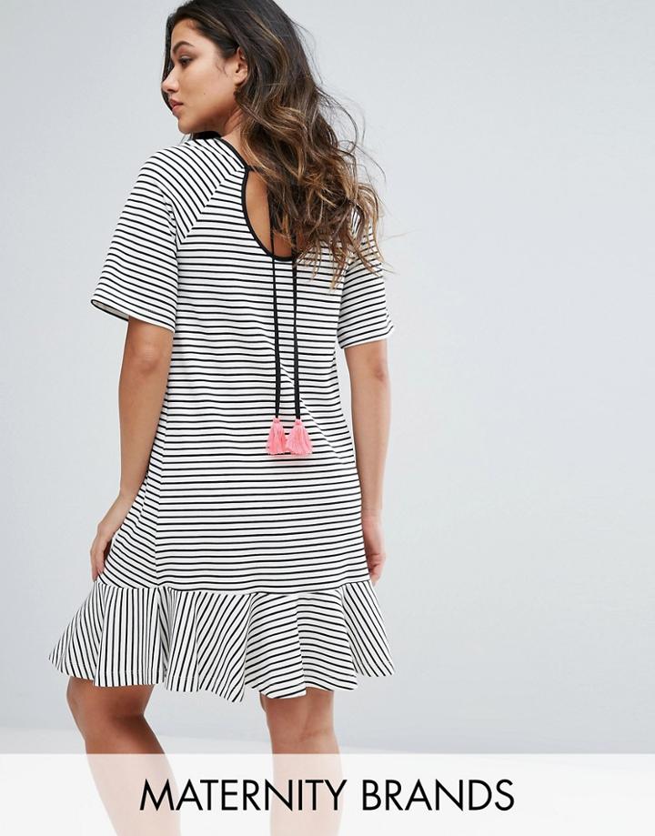 Gebe Maternity Nursing Striped Shift Dress With Fluted Sleeve And Tassel Detail - Multi