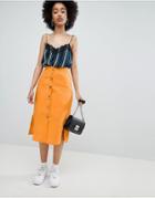 Bershka Button Front Linen Skirt Plain In Orange - Blue