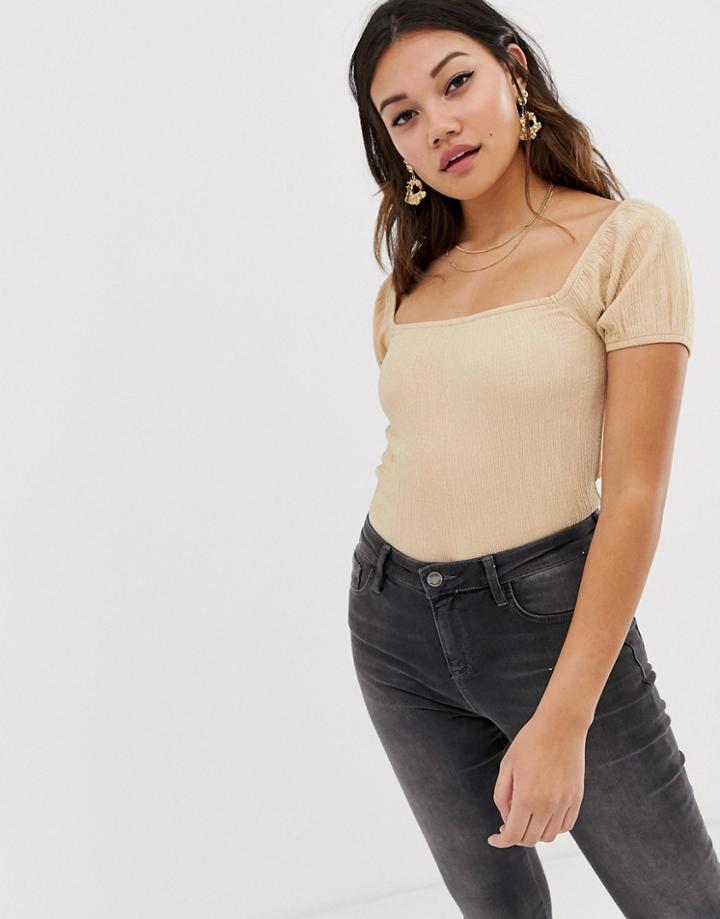Miss Selfridge Milkmaid Top With Puff Sleeves In Stone