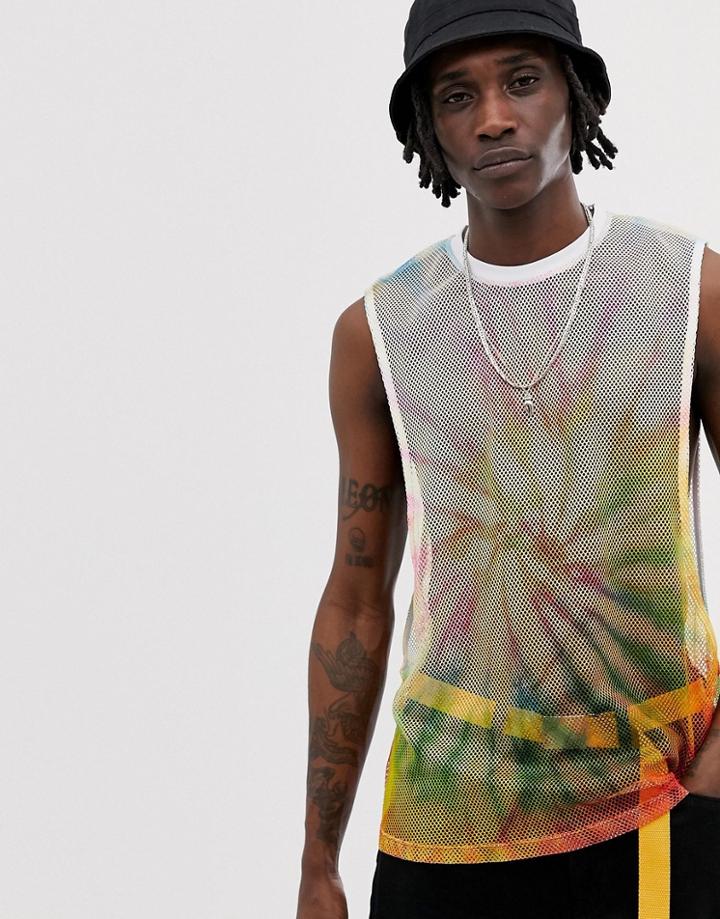 Asos Design Relaxed Sleeveless T-shirt With Extreme Dropped Armhole In Bright Mesh Tie Dye - Pink
