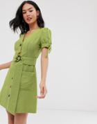 Moon River Belted Buttondown Mini Dress-green