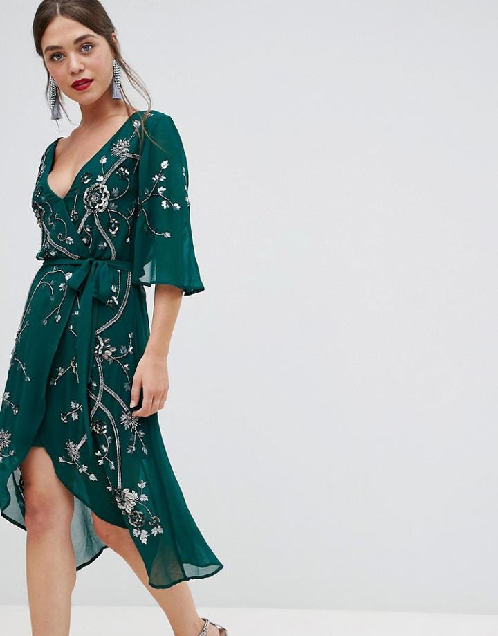 Frock & Frill 3/4 Sleeve Wrap Midi Dress With Embellished Detail - Green