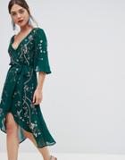 Frock & Frill 3/4 Sleeve Wrap Midi Dress With Embellished Detail - Green