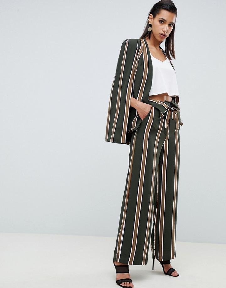 Lavish Alice Fold Over Wide Leg Pants In Khaki Stripe Print - Green