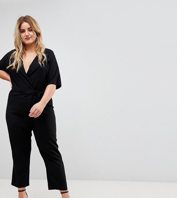 Asos Design Curve Wrap Jumpsuit With Self Belt-black