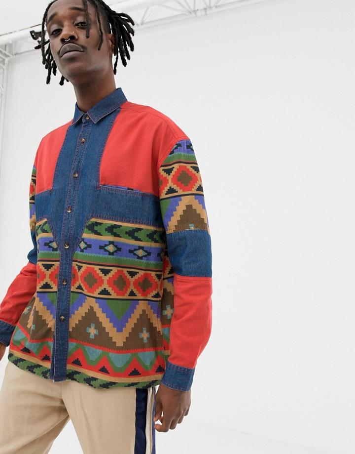 Asos Design Oversized Geo-tribal Print Denim Shirt - Multi