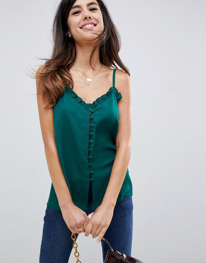 Asos Design Button Front Cami With Ruffle Detail - Green