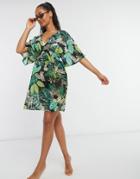Influence Beach Dress In Tropical Floral Print-green