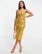 Naanaa Cowl Neck Sequin Midi Dress In Gold