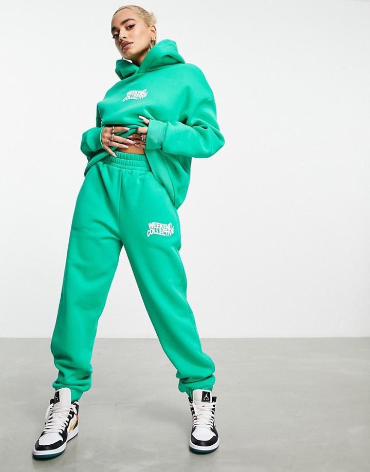 Asos Weekend Collective Sweatpants With Wavy Logo In Bright Green - Part Of A Set