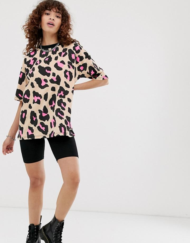 Asos Design Oversized T-shirt In Neon Pink Animal Print - Multi