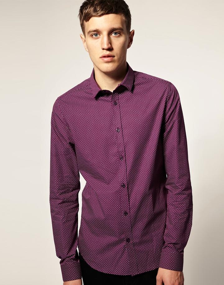 Asos Slim Fit Polka Dot Shirt - Purple