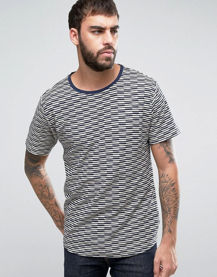 Only & Sons Longline T-shirt With Curved Hem And Jacquard Stripe - Blue