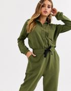 Asos Design Jersey Tracksuit Jumpsuit With Button Front-green