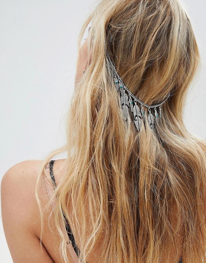 Asos Design Feather And Stone Hair Chain - Silver