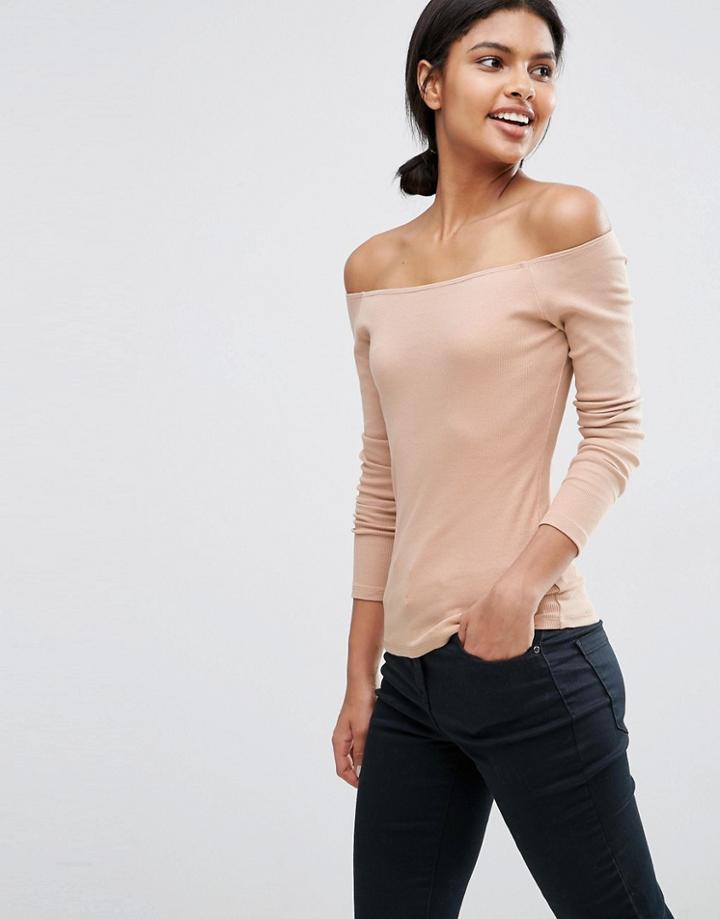 Asos Long Sleeve Off Shoulder Top In Rib - Pink