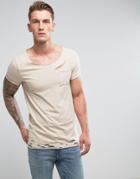 Asos Muscle T-shirt With Scoop Neck And Distressing In Beige - Beige