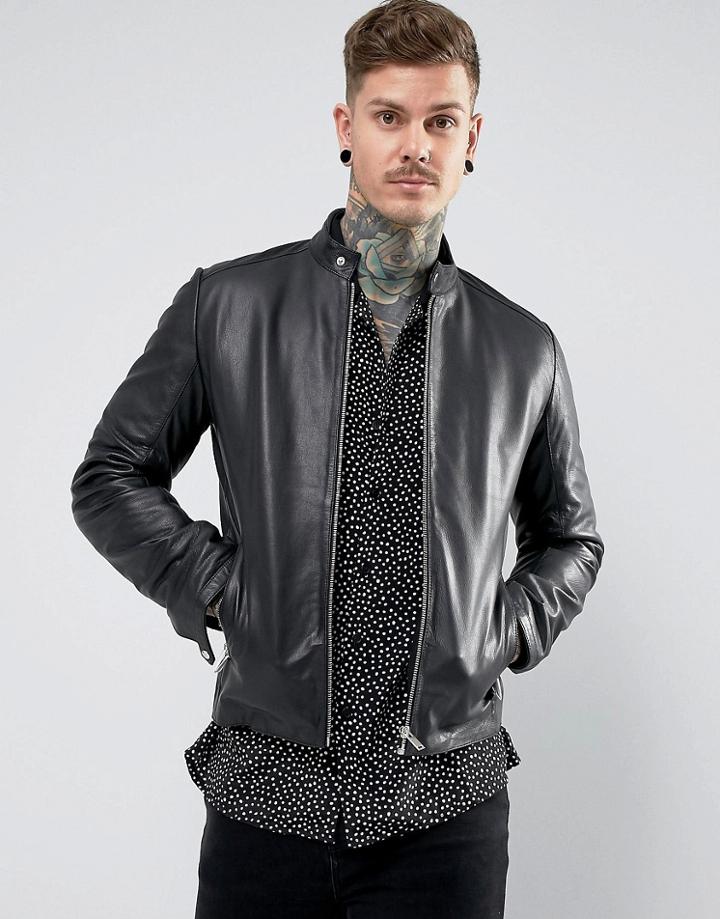 Asos Design Leather Racing Biker Jacket In Black - Black