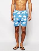 Asos Mid Length Swim Shorts With Cloud Print - Blue