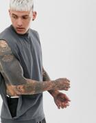 Asos Design Relaxed Sleeveless T-shirt With Crew Neck And Dropped Armhole And Side Split In Washed Black-gray
