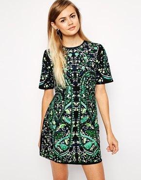 Asos Premium Embroidered Shift Dress - Black/green