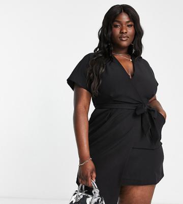 Closet London Plus Kimono Wrap Tie Mini Dress In Black
