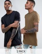 Asos 2 Pack Longline T-shirt In Black/brown Save - Multi