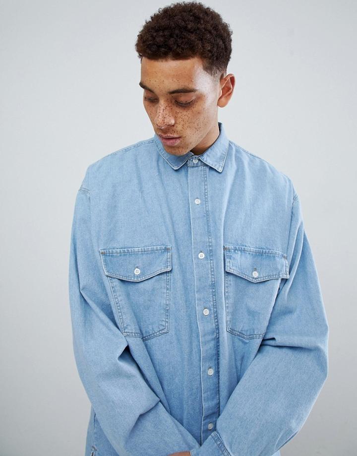Mennace Blue Oversized Denim Shirt - Blue