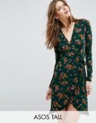 Asos Tall Wrap Tea Dress In Floral Print With Frill Detail - Multi