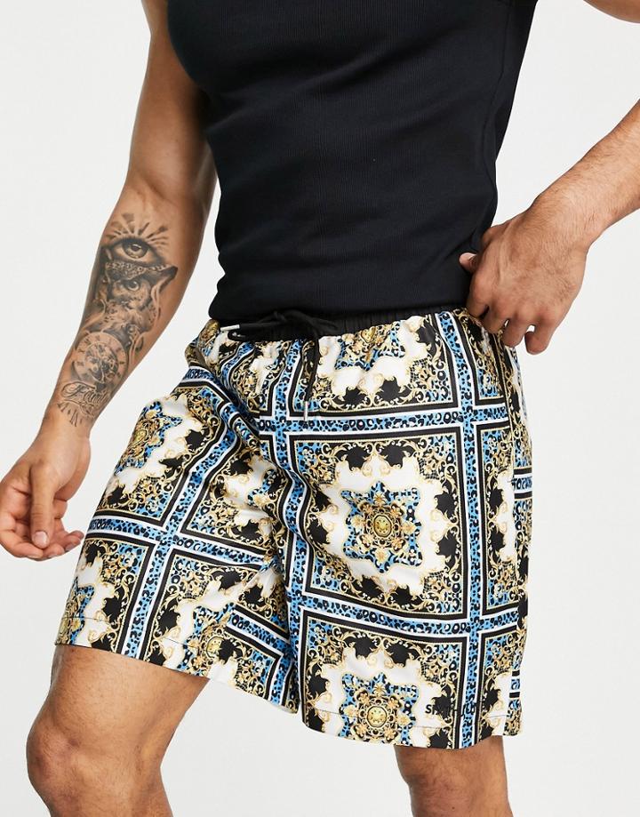 Sixth June Woven Shorts In Blue With All Over Tile Print - Part Of A Set