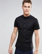 Asos Skinny Shirt In Black With Grandad Collar And Short Sleeves - Black